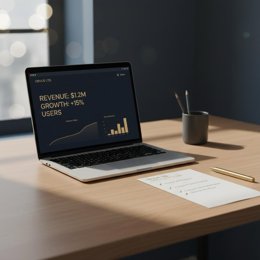 Open laptop displaying a clean analytics dashboard and a printed checklist on a tidy desk with Orvus Ltd. brand colors (#0B1E33 background, #C8A45D accents), natural light, shallow depth - search engine optimization in marketing