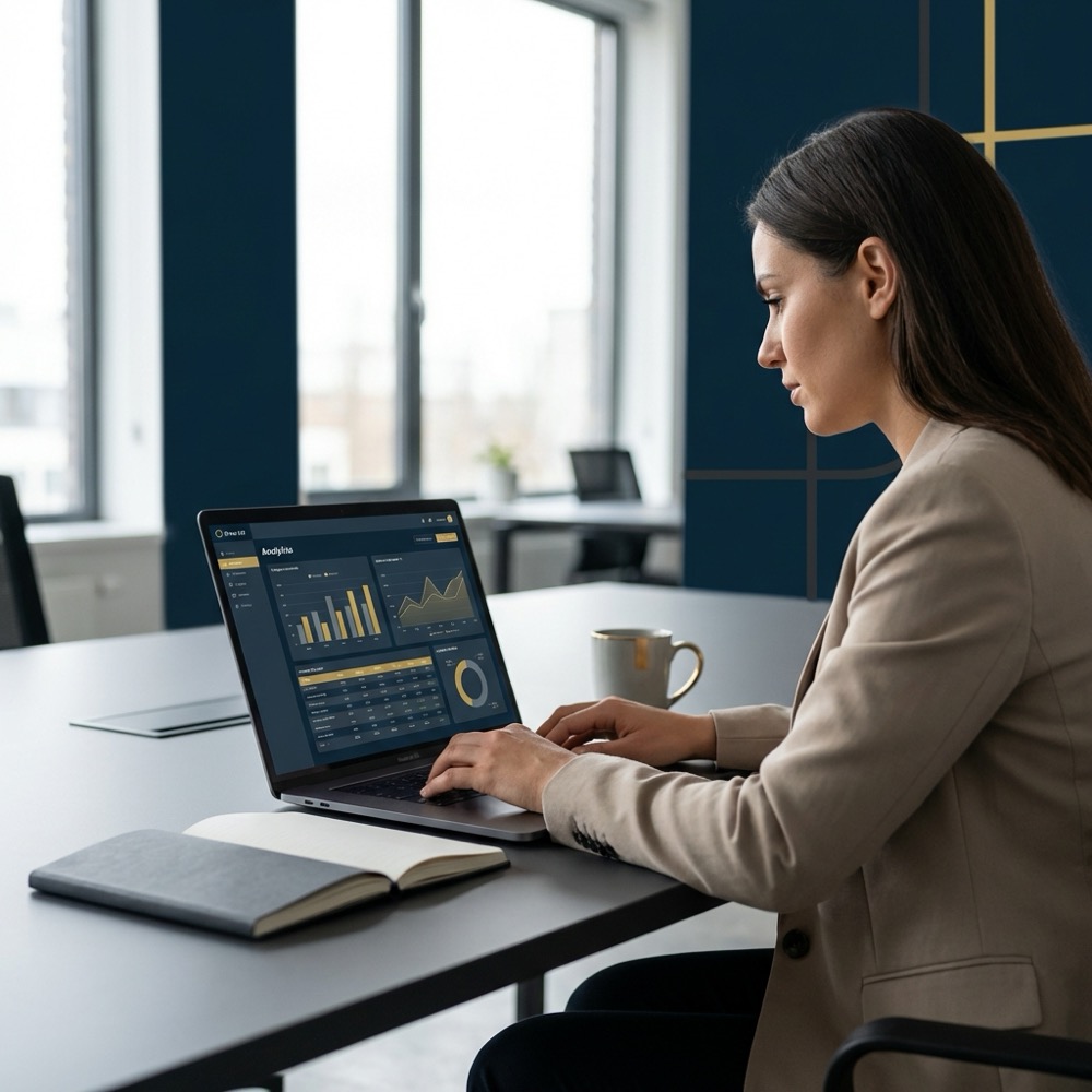 Marketer reviewing website analytics on a laptop with clear charts in a minimalist dark blue workspace with gold accents mozpro